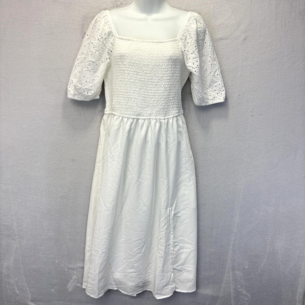 NWT Smocked Fit &‎ Flare Midi Sun Dress Womens Medium White Puff Sleeve Eyelet
